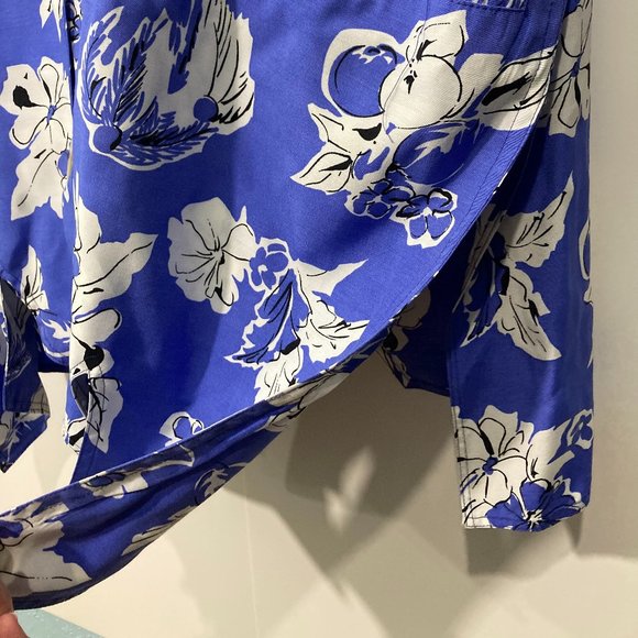 Tramway Paris Floral Tunic top long sleeve asymmetrical hem open back blue white - Picture 9 of 11